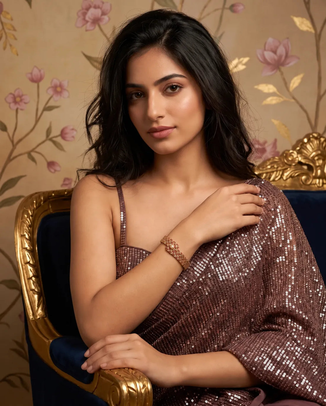 Ruby & CZ Gold Bangle Cum Bracelet with Solitaire Pearl Centrepiece