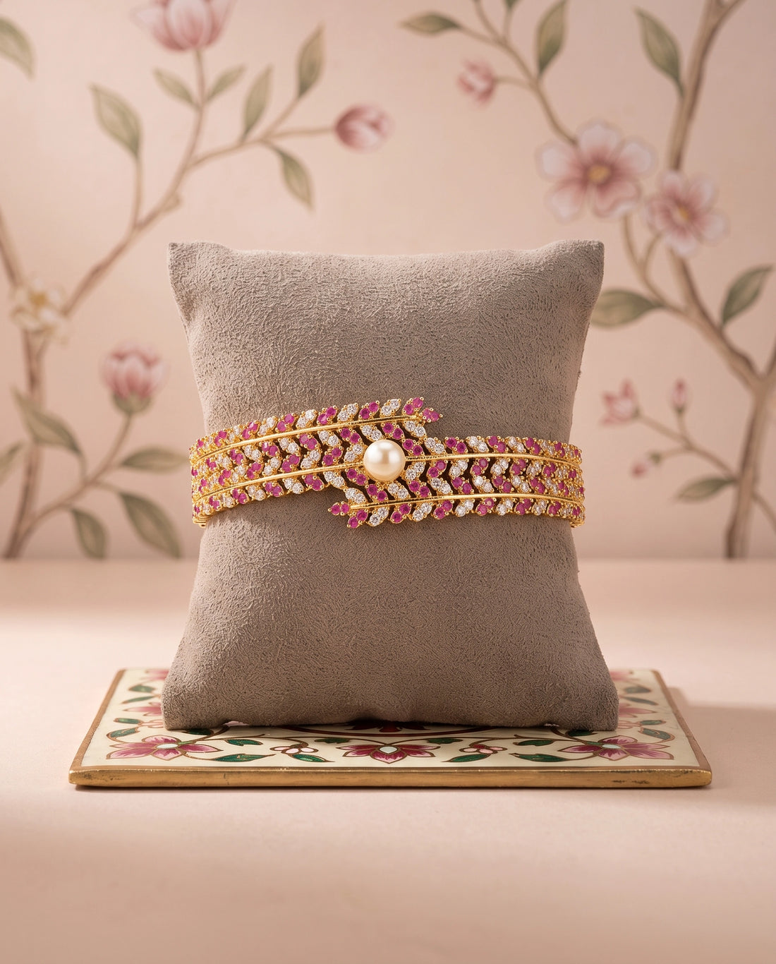 Ruby & CZ Gold Bangle Cum Bracelet with Solitaire Pearl Centrepiece