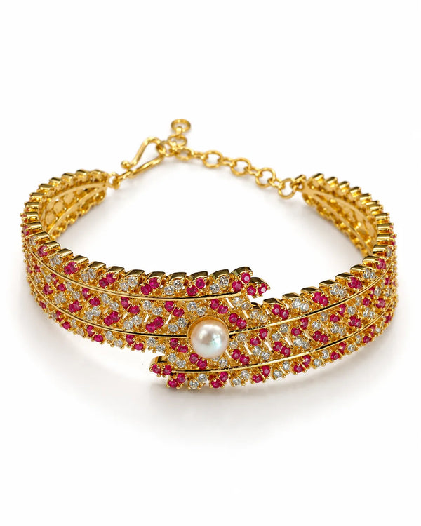 Ruby & CZ Gold Bangle Cum Bracelet with Solitaire Pearl Centrepiece