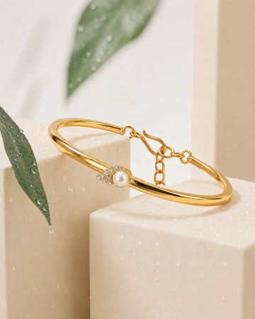 Radiant Crescent Pearl & Cubic Zirconia Gold Plated Bangle