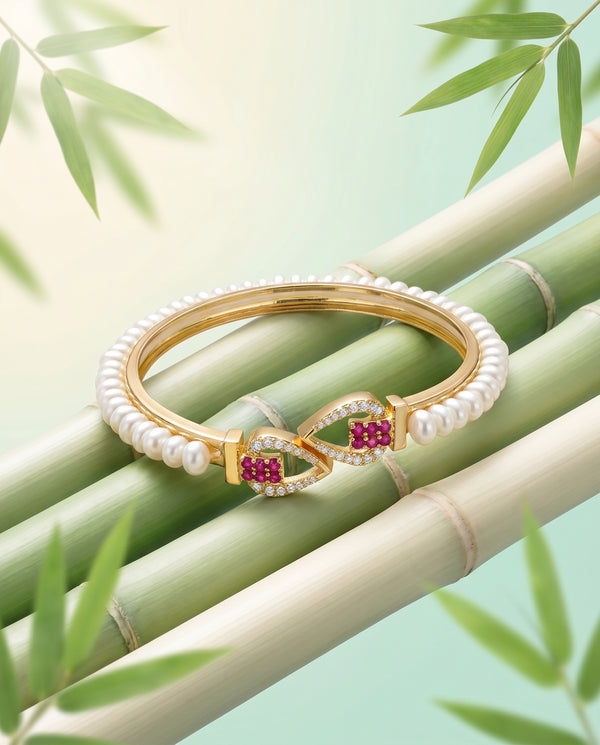 Royal Multi-Gemstone Pearl Mesh Cuff Bangle