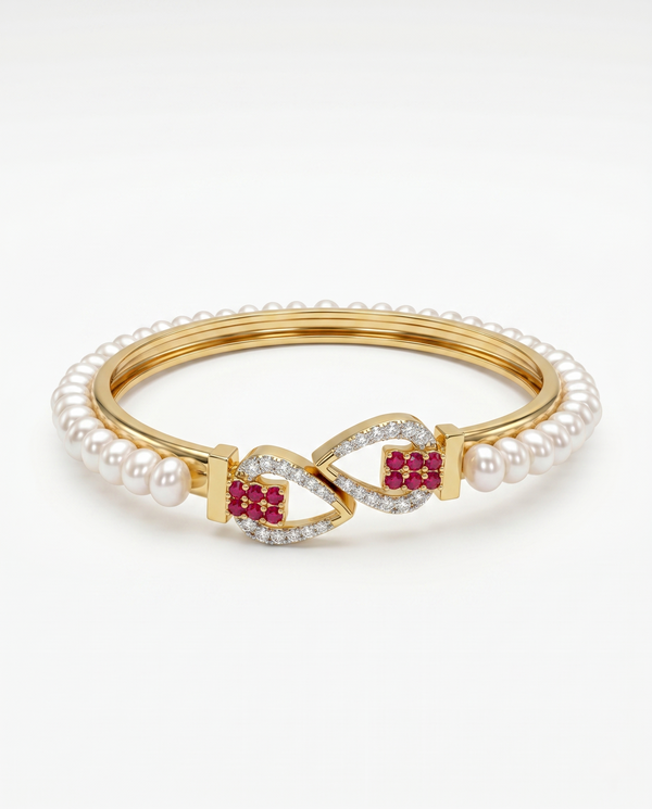Royal Multi-Gemstone Pearl Mesh Cuff Bangle