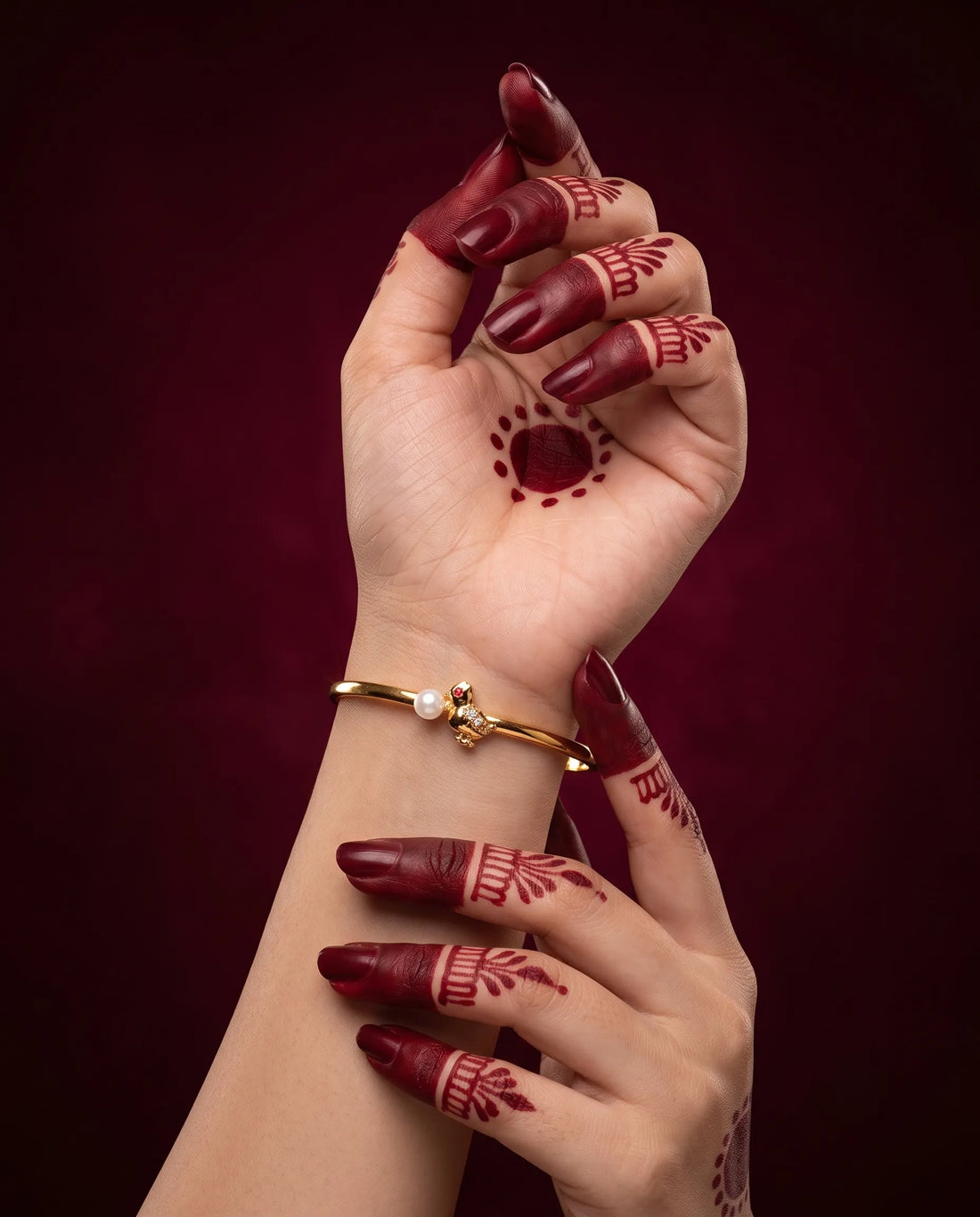 Gold-Tone Little Bird Pearl Bangle Bracelet with Ruby-Tone CZ