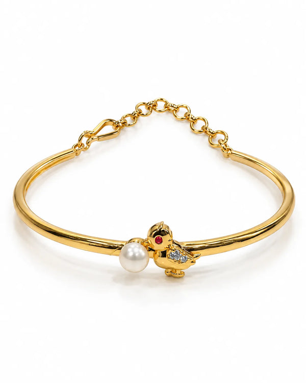 Gold-Tone Little Bird Pearl Bangle Bracelet with Ruby-Tone CZ