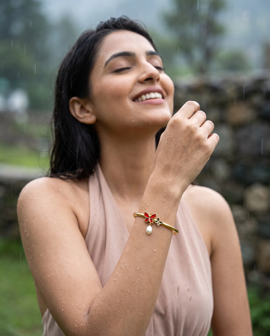 Enamel Butterfly & Pearl Gold-Plated Bangle Bracelet