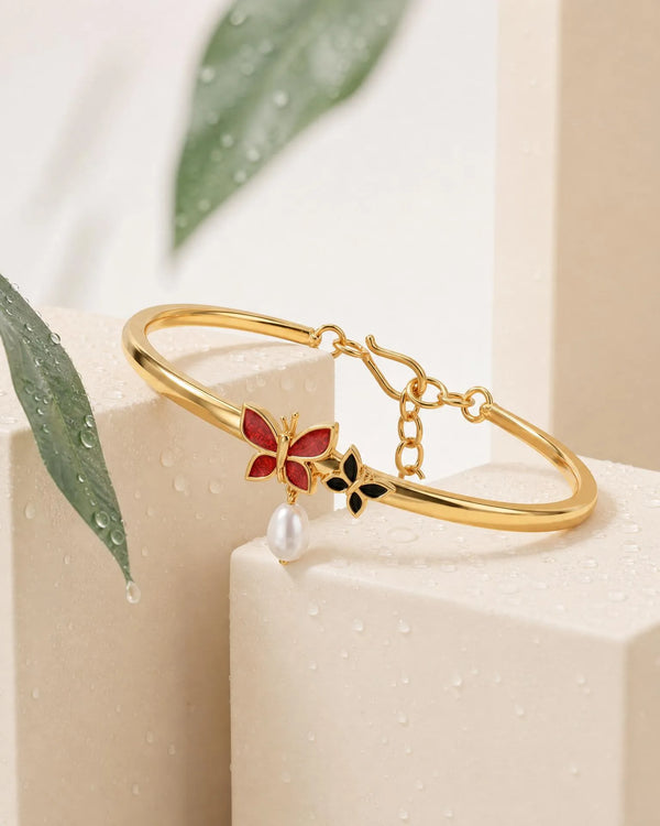Enamel Butterfly & Pearl Gold-Plated Bangle Bracelet