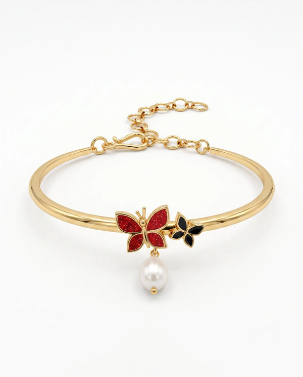 Enamel Butterfly & Pearl Gold-Plated Bangle Bracelet