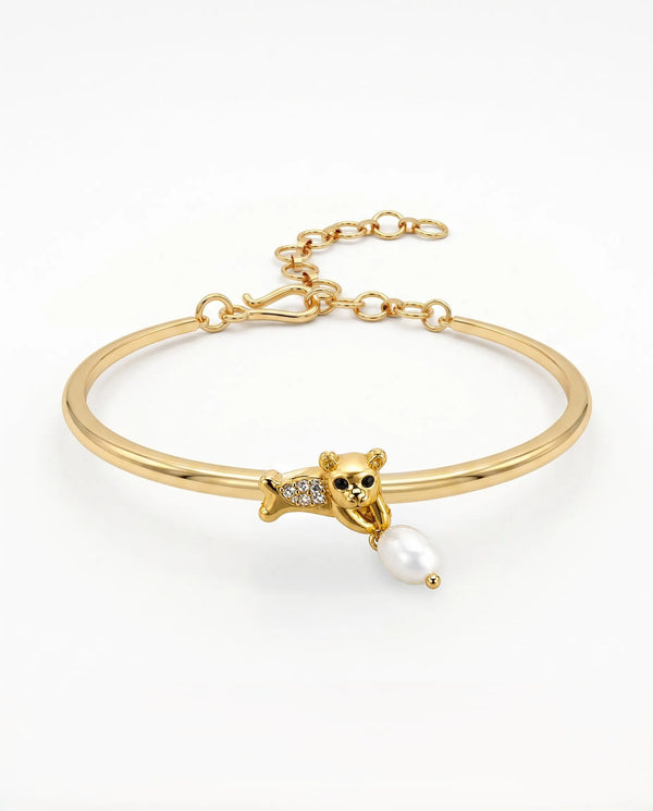 Gold-Plated Teddy Bear Bangle Bracelet with Pearl Drop & CZ Accents