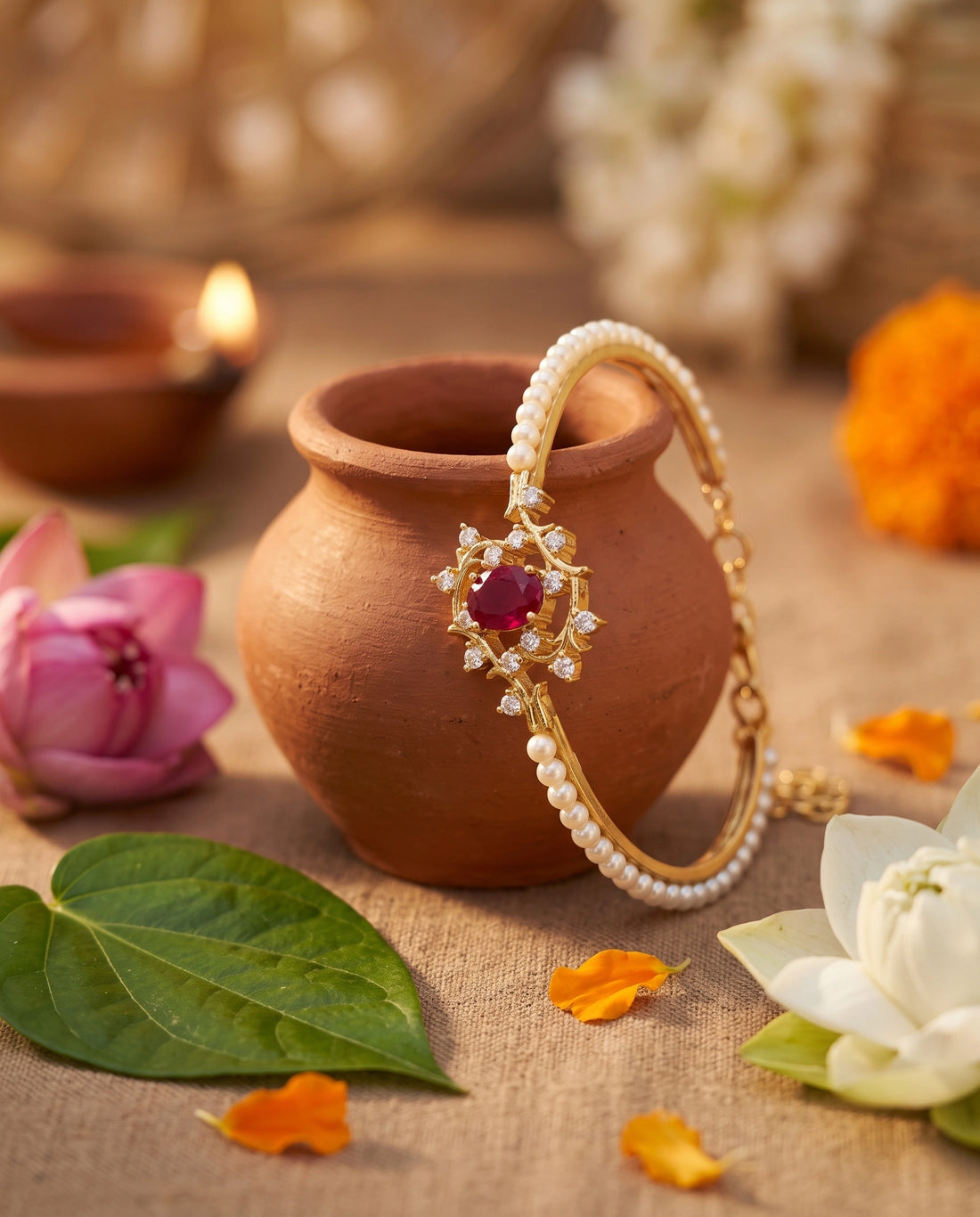 Elegant Gold Plated Pearl Bangle with Ruby Accent