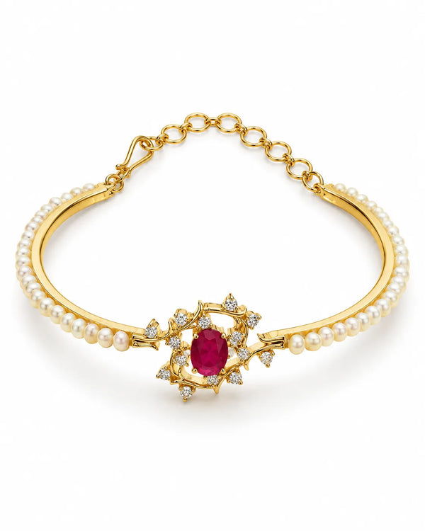 Elegant Gold Plated Pearl Bangle with Ruby Accent