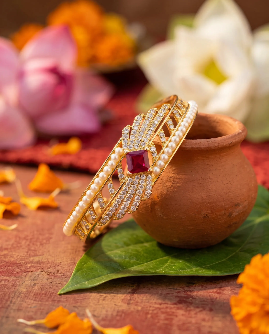 Ornate Gold Plated Pearl Bangle with Square Ruby Gemstone