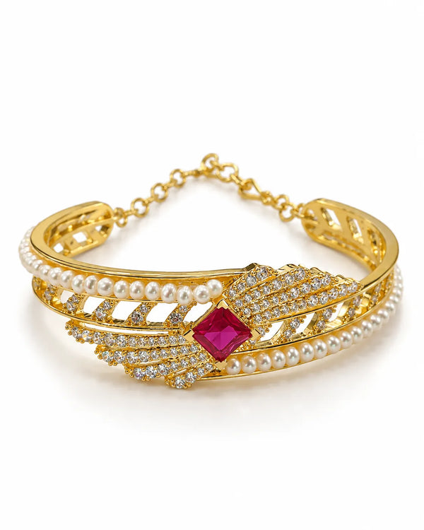 Ornate Gold Plated Pearl Bangle with Square Ruby Gemstone