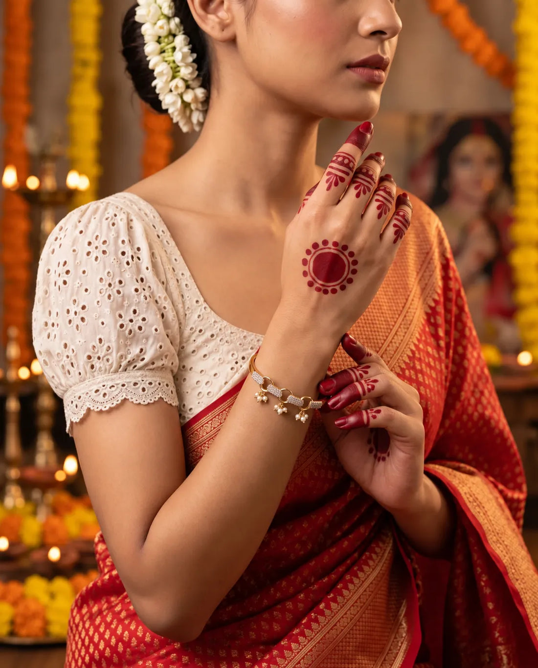 Gold-Plated Interlocking Circle Pearl Bangle with CZ Accents