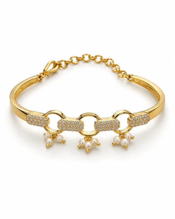 Gold-Plated Interlocking Circle Pearl Bangle with CZ Accents