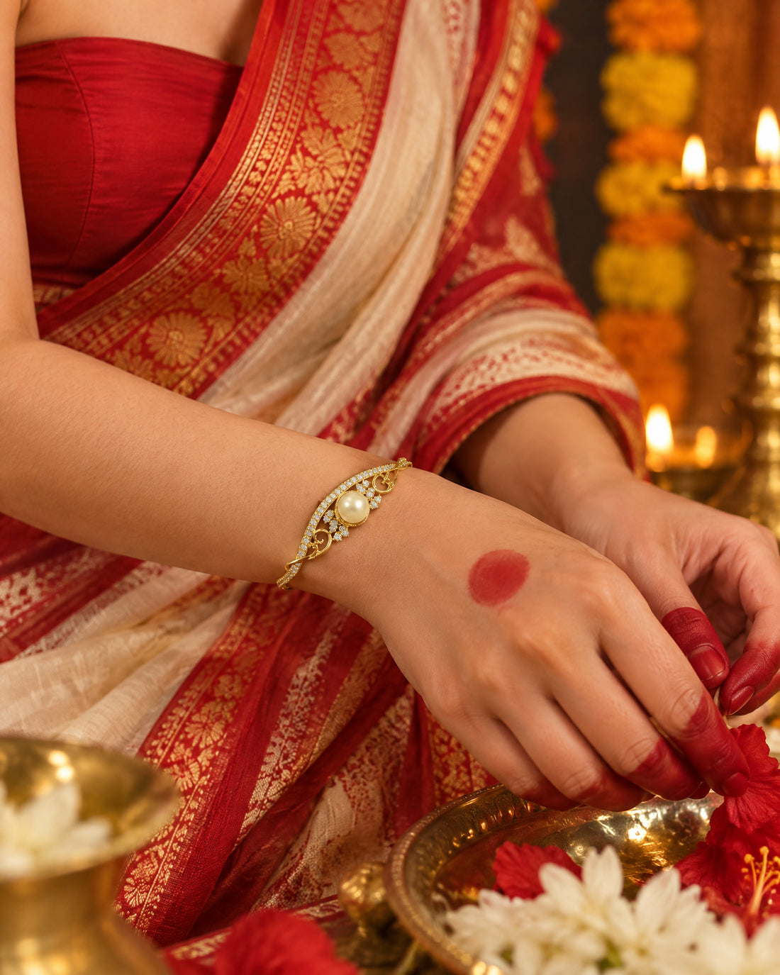 Gold-Tone Wave Bangle with Solitaire Pearl