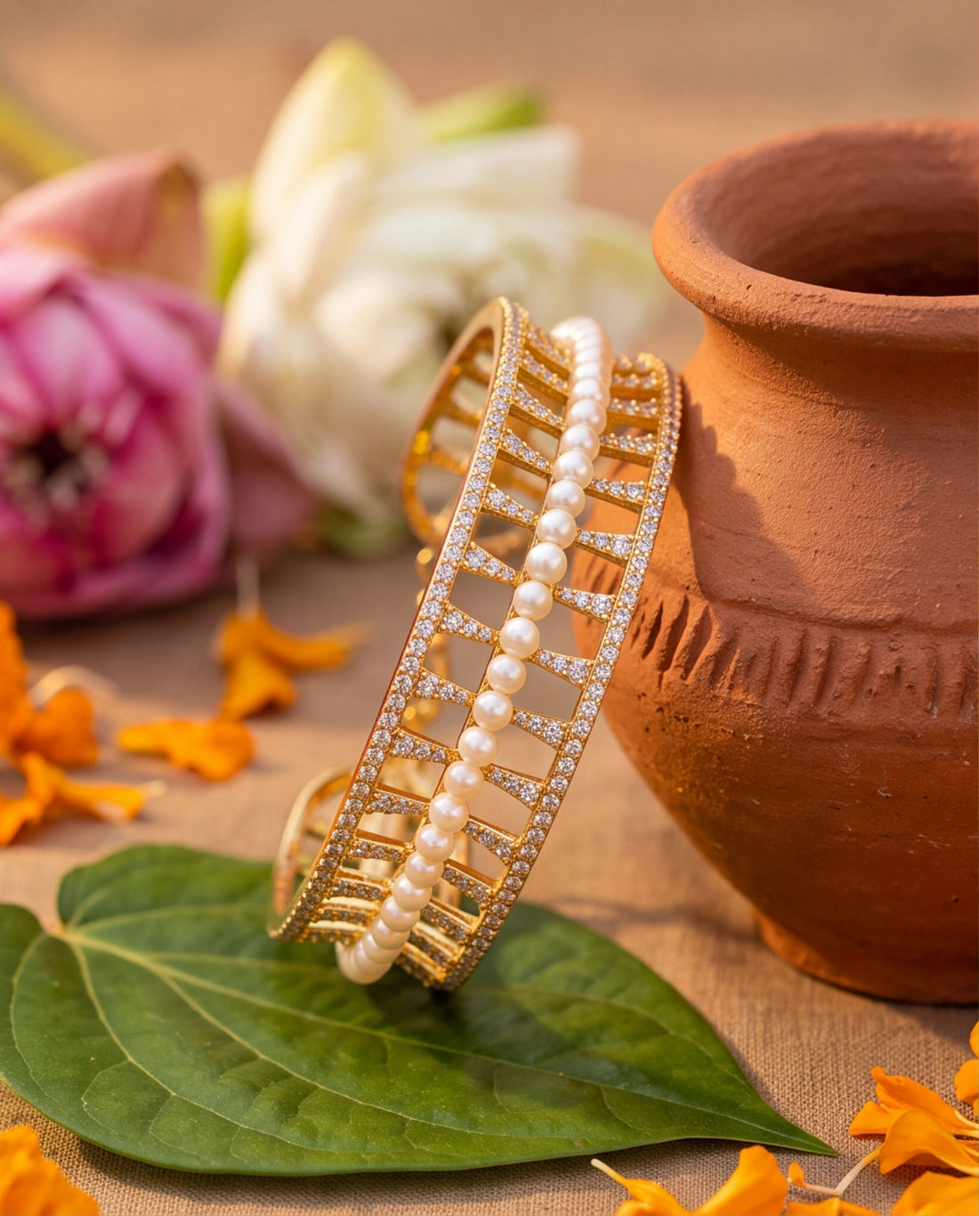 Gold-Tone Lattice Cuff Bangle with Pearl Centerline