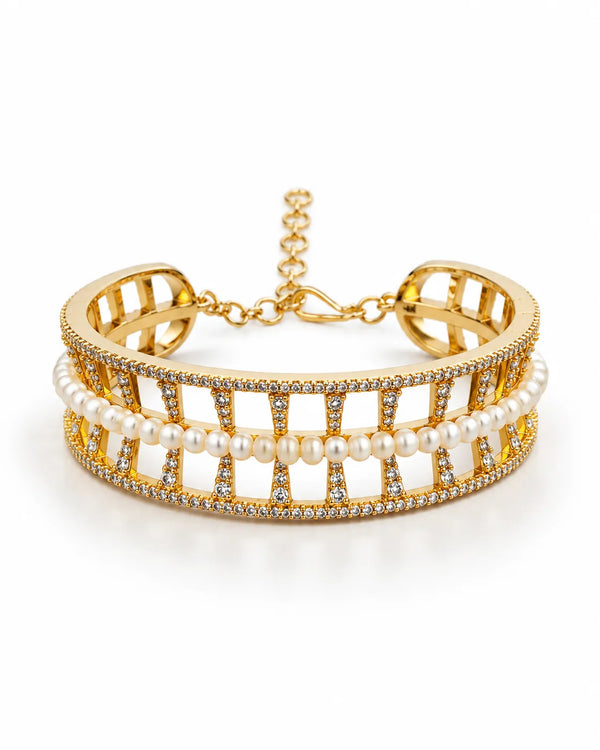 Gold-Tone Lattice Cuff Bangle with Pearl Centerline