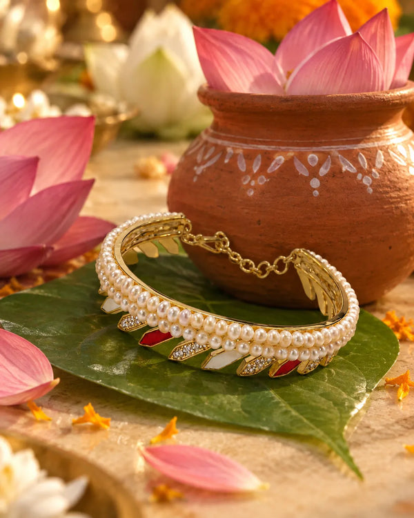 Gold-Tone Double-Row Pearl Bangle with Geometric Enamel