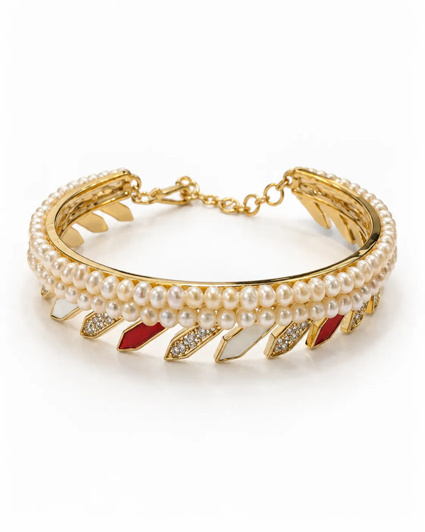 Gold-Tone Double-Row Pearl Bangle with Geometric Enamel
