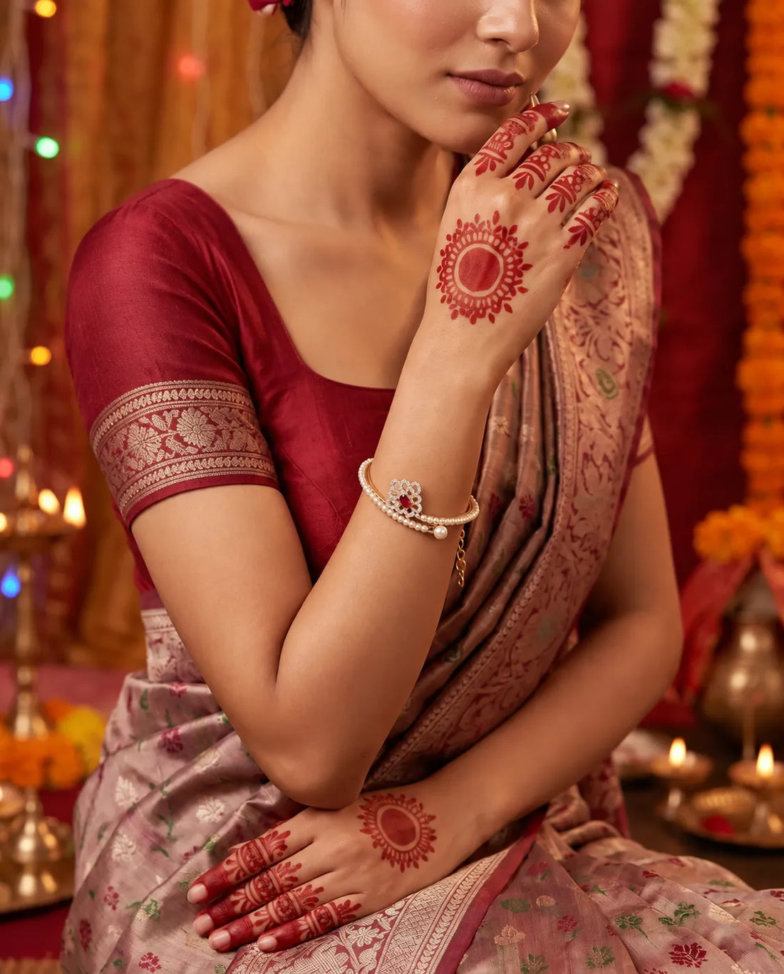 Gold-Tone Floral Pearl Bangle with Ruby CZ