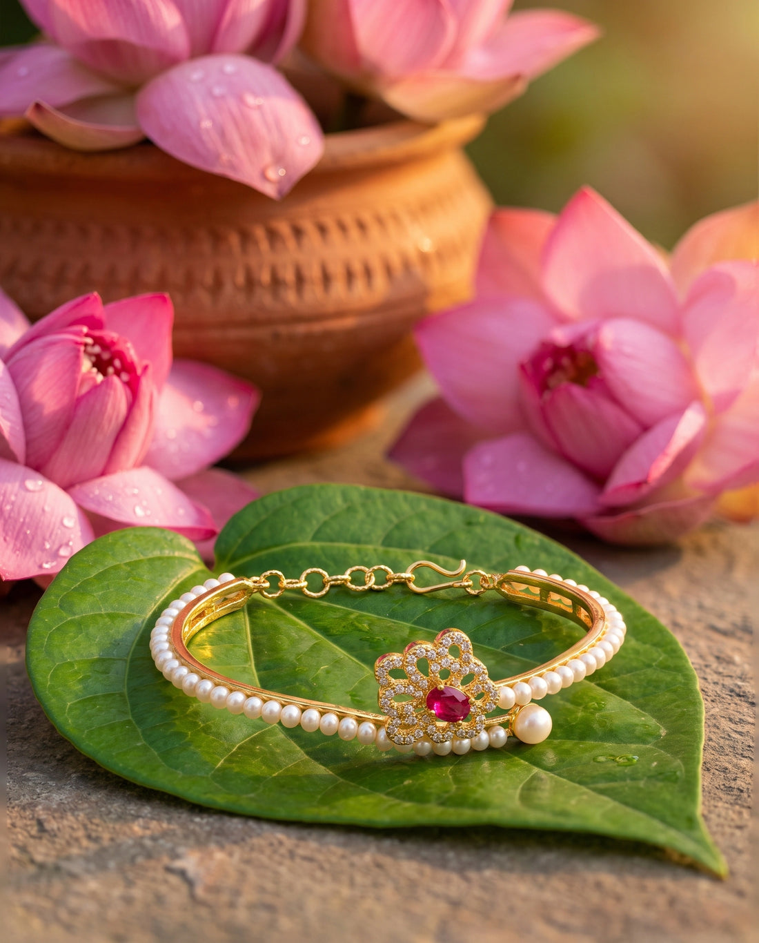 Gold-Tone Floral Pearl Bangle with Ruby CZ