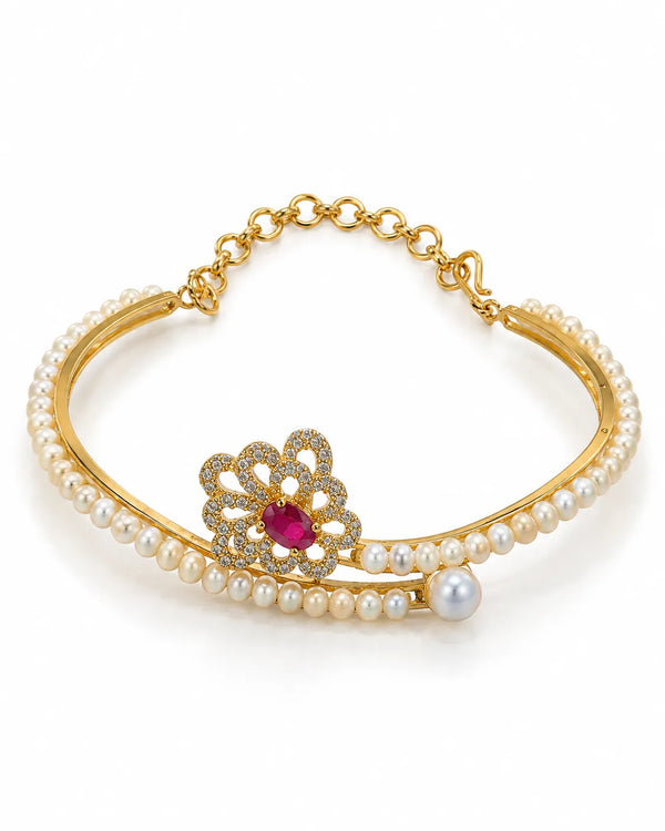 Gold-Tone Floral Pearl Bangle with Ruby CZ