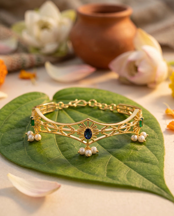 Gold-Tone Geometric Lattice Bangle with Blue & Green CZ