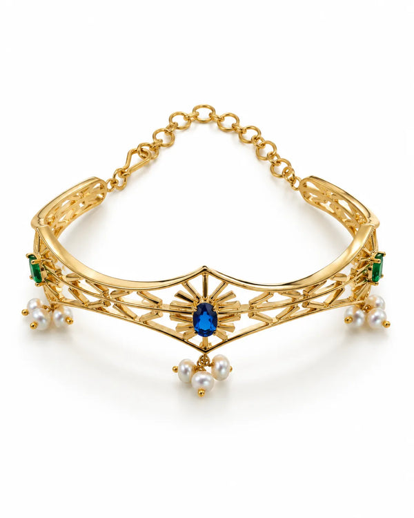 Gold-Tone Geometric Lattice Bangle with Blue & Green CZ