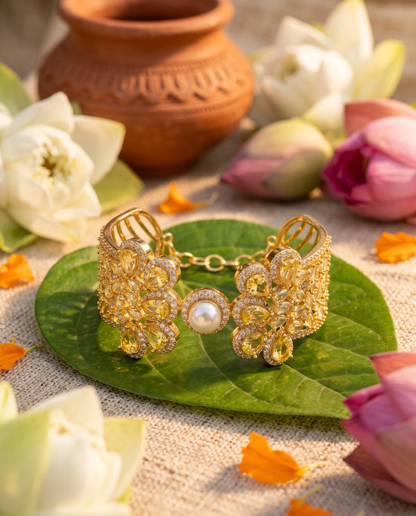 Gold-Tone Yellow Gemstone Pearl Cuff Bangle