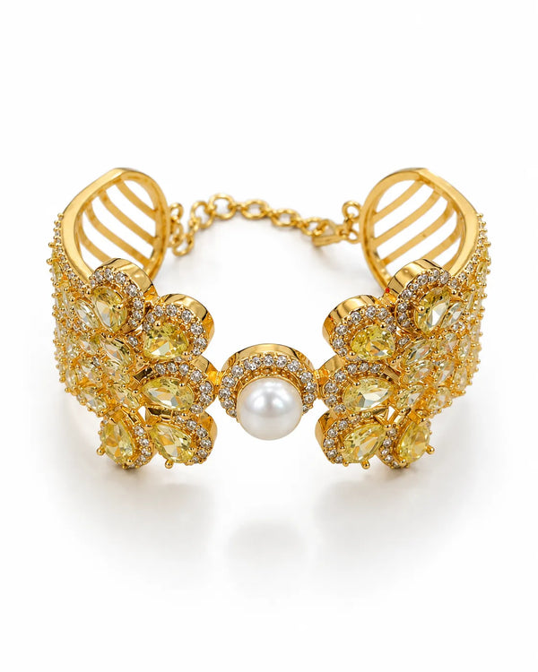 Gold-Tone Yellow Gemstone Pearl Cuff Bangle