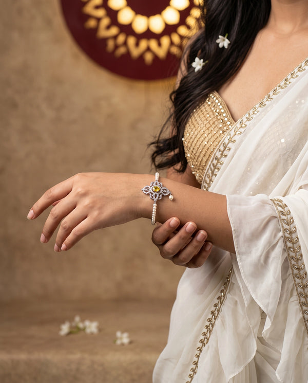 Silver-Tone Yellow CZ Filigree & Pearl Bangle Bracelet