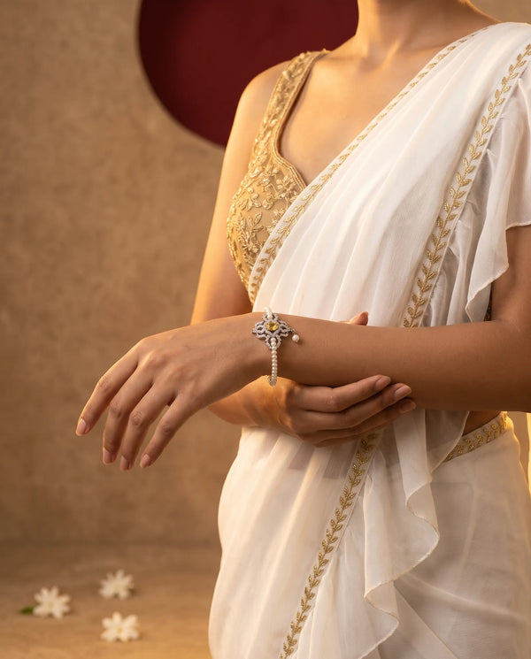 Silver-Tone Yellow CZ Filigree & Pearl Bangle Bracelet