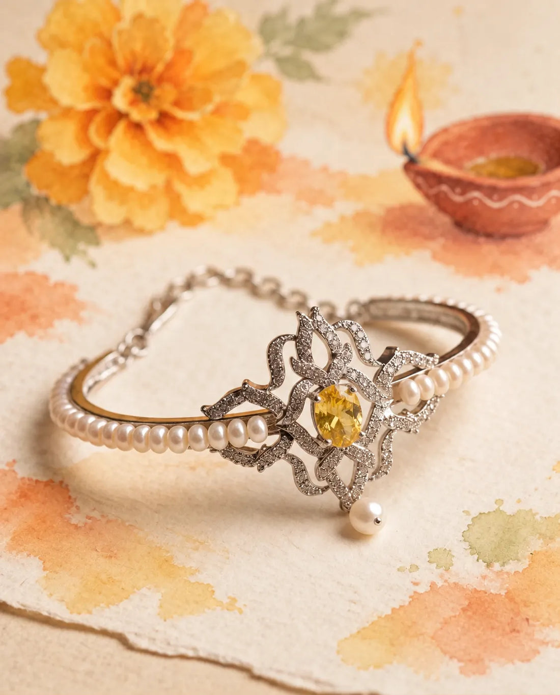 Silver-Tone Yellow CZ Filigree & Pearl Bangle Bracelet