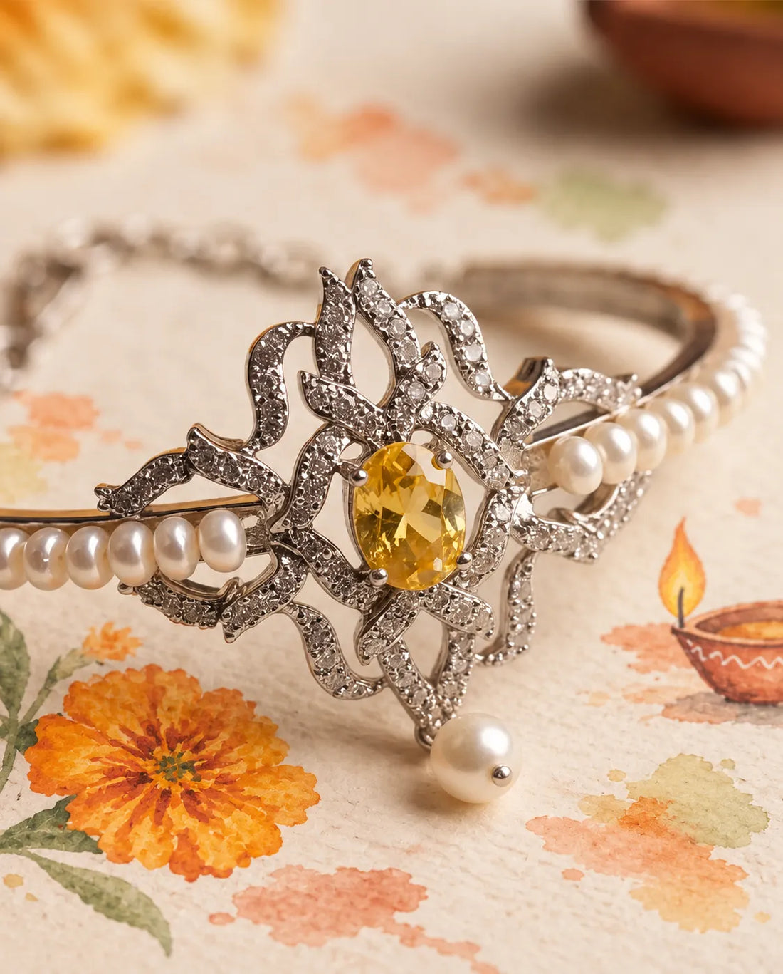 Silver-Tone Yellow CZ Filigree & Pearl Bangle Bracelet