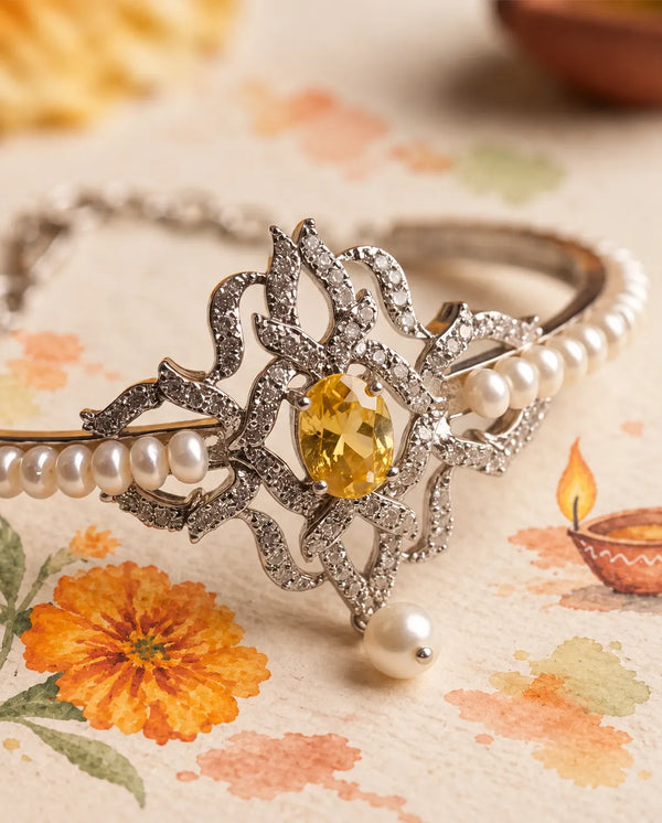 Silver-Tone Yellow CZ Filigree & Pearl Bangle Bracelet