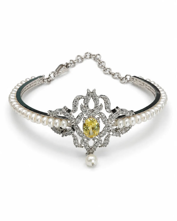Silver-Tone Yellow CZ Filigree & Pearl Bangle Bracelet