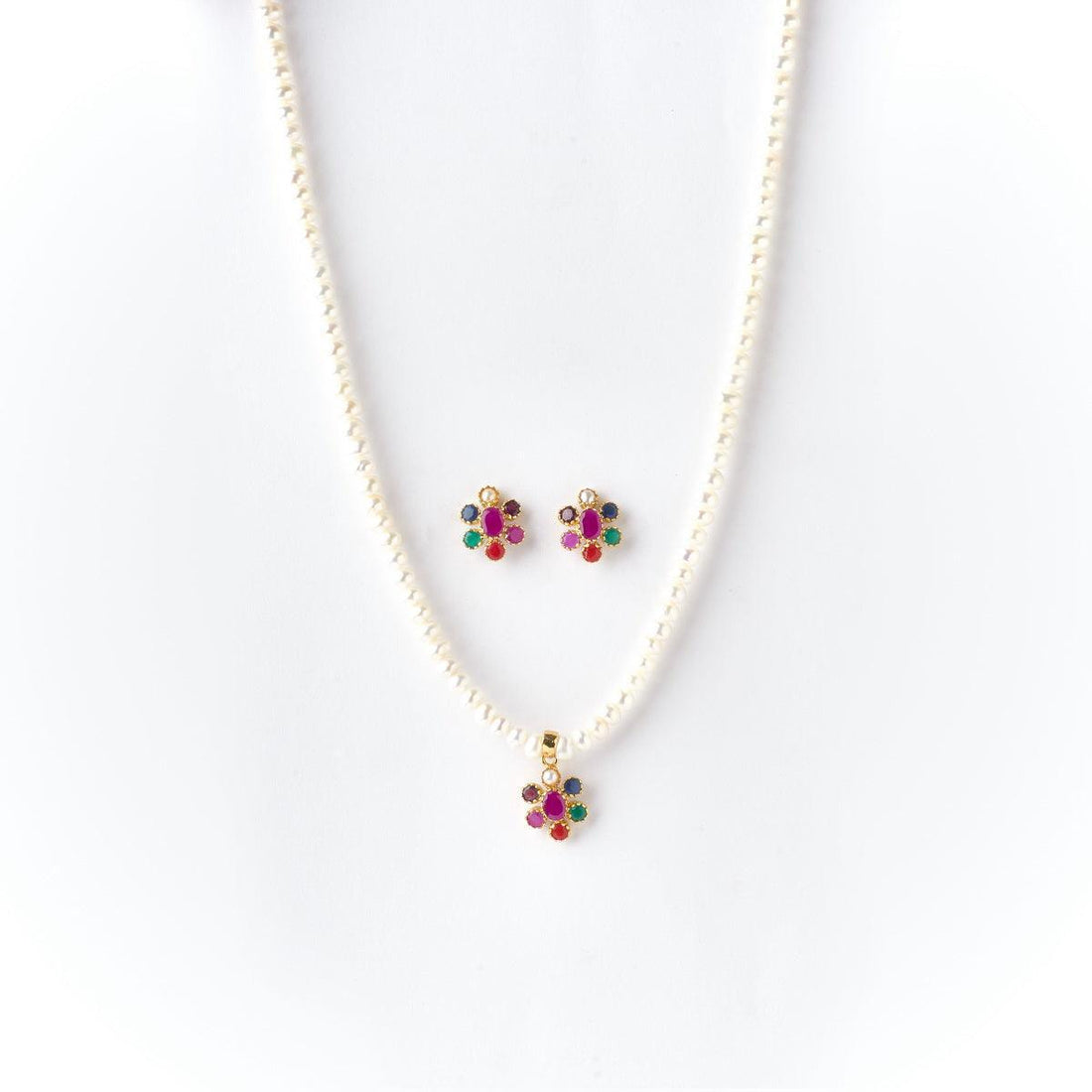 Beautiful Real Pearl Navratan Necklace Set - Chandrani Pearls