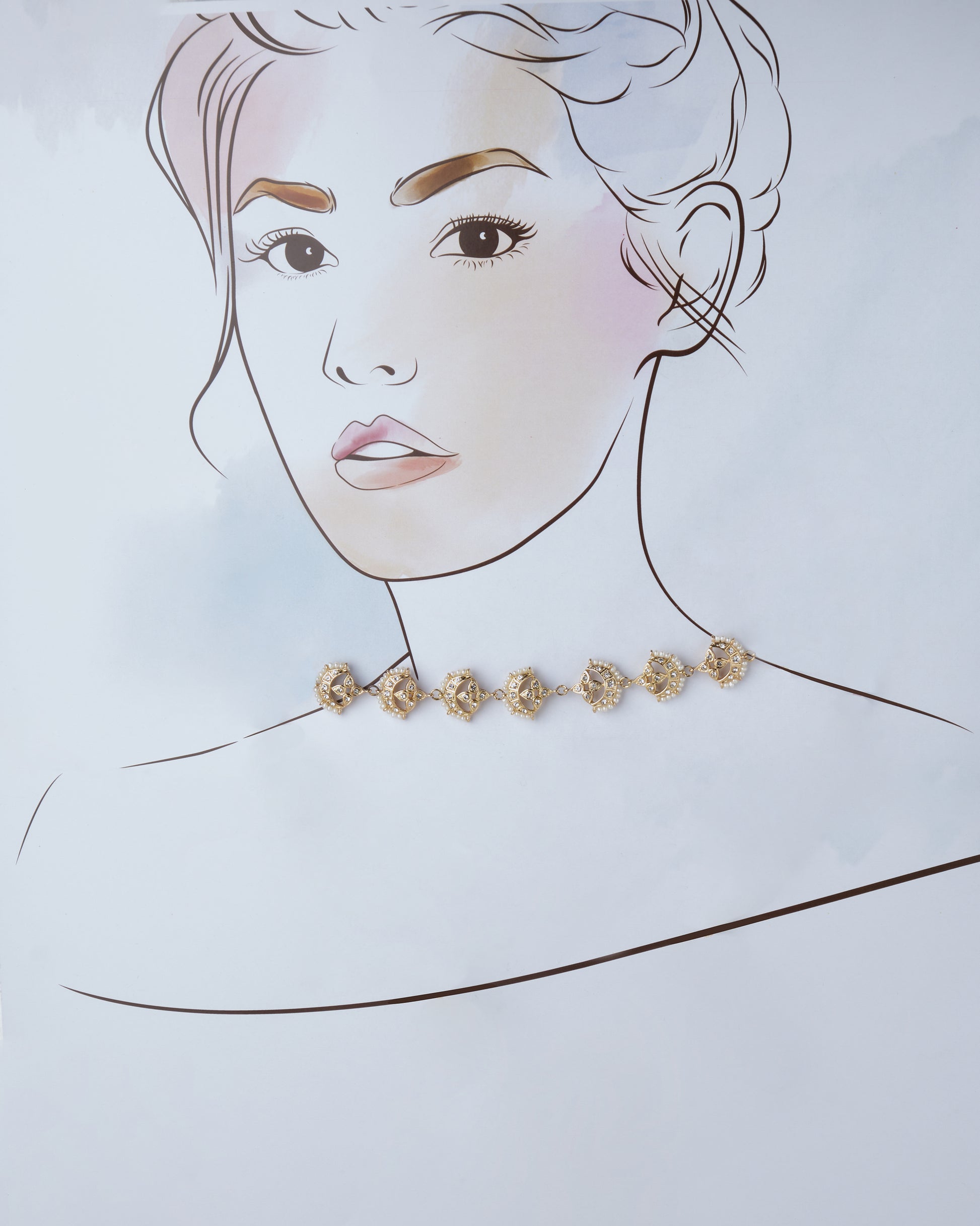 Illustration of a woman with stylized features wearing The Nereida Necklet Necklace by Chandrani Pearls.