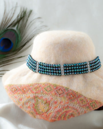 Iridescent Peacock Pearl Black-Row Choker Necklace