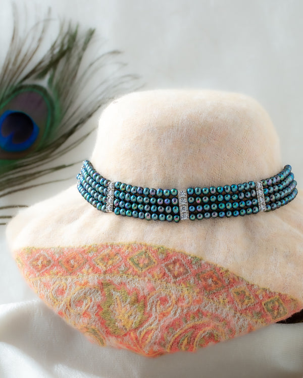 Iridescent Peacock Pearl Black-Row Choker Necklace