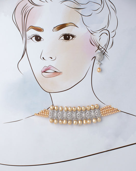 Illustration of a woman's head and shoulders adorned with a stunning Ainaz CZ Necklace Set by Chandrani Pearls, featuring complementary pearl earrings, with a focus on the jewelry.