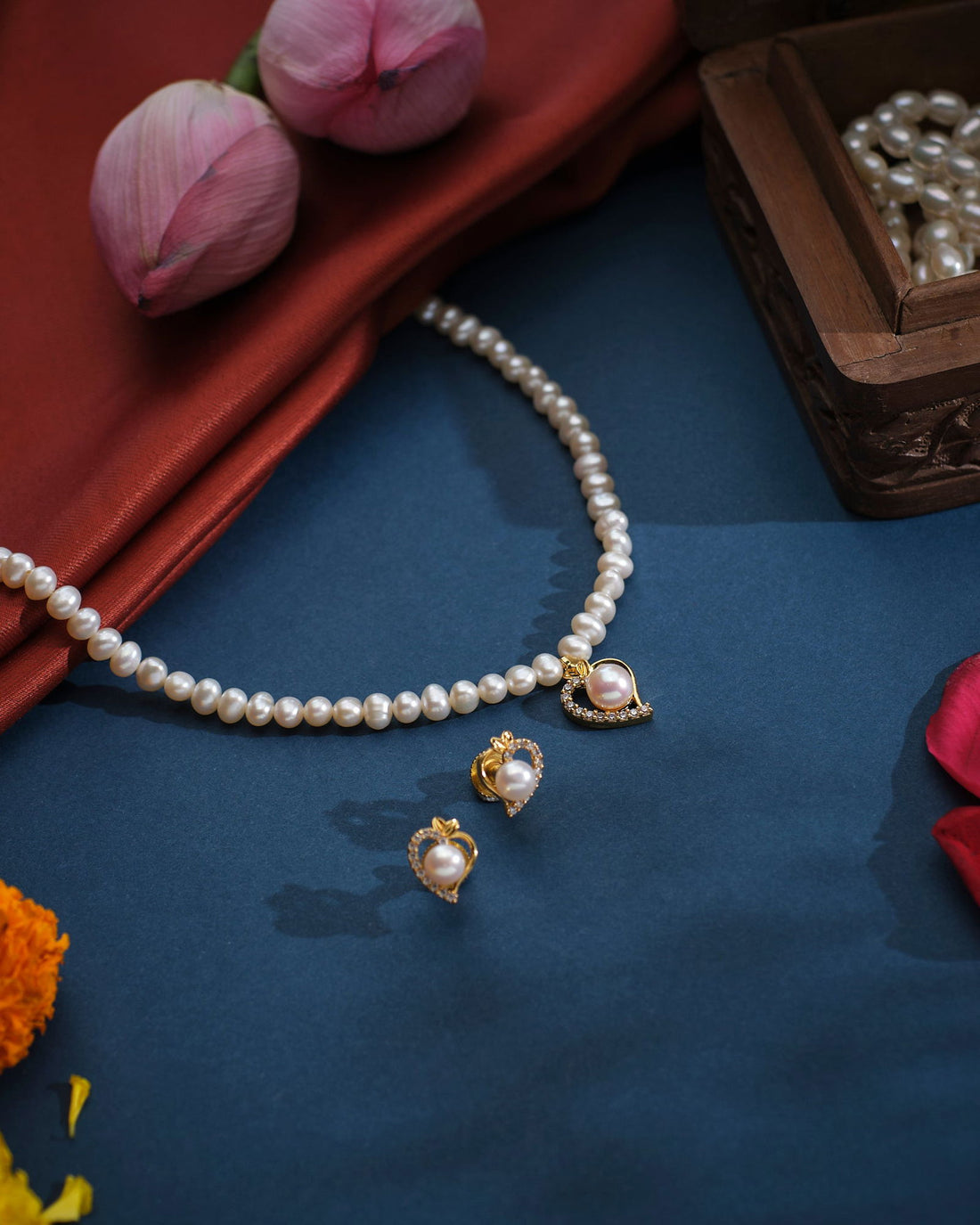 Cute Heart Single line Necklace Set - Chandrani Pearls