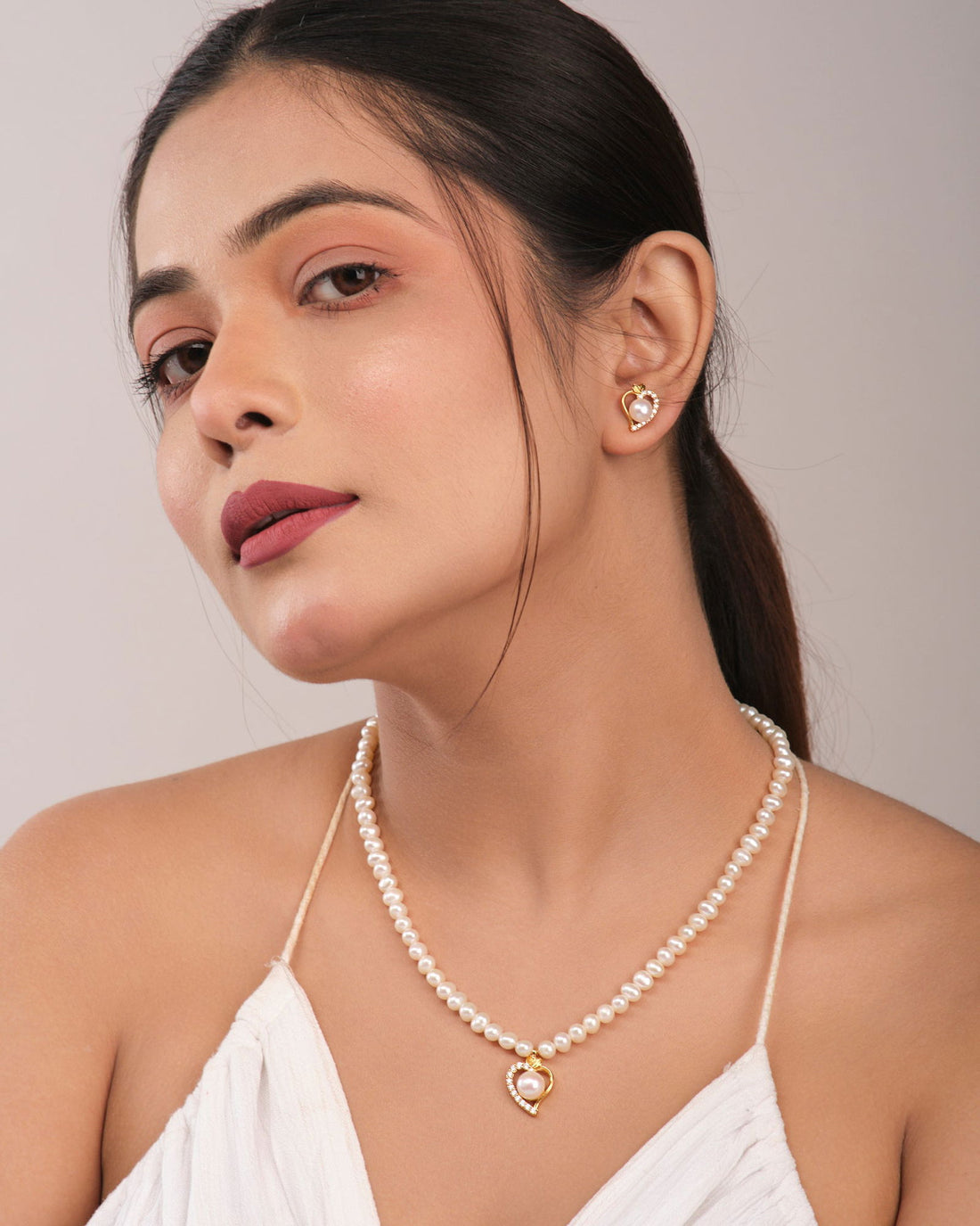Cute Heart Single line Necklace Set - Chandrani Pearls