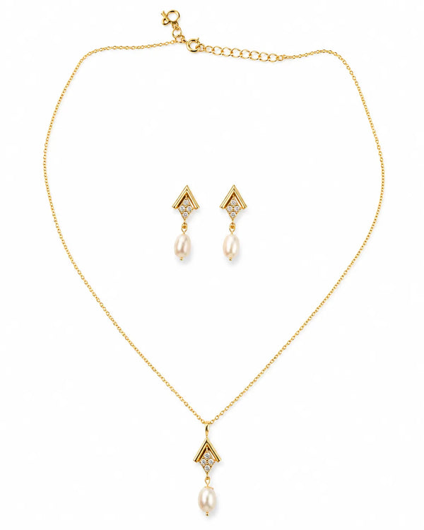 Geometric Chevron Pearl Pendant & Drop Earrings Jewelry Set
