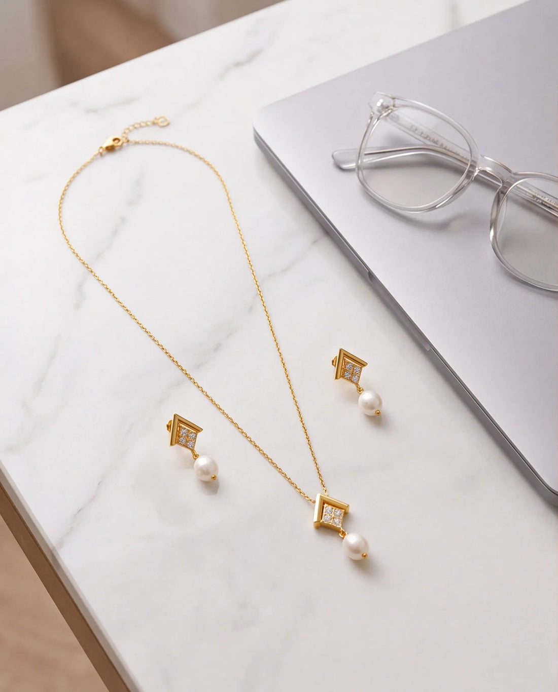 Geometric Chevron Pearl Pendant & Drop Earrings Jewelry Set