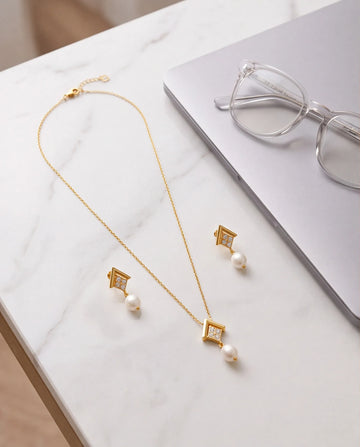 Geometric Chevron Pearl Pendant & Drop Earrings Jewelry Set