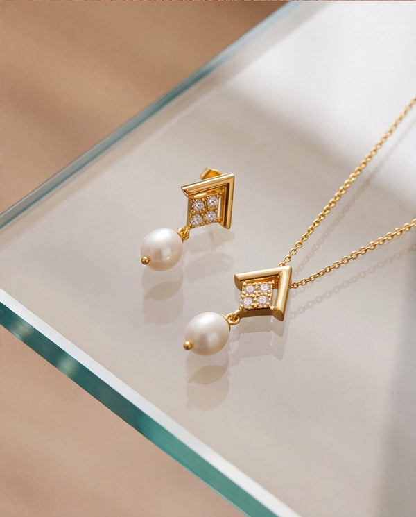 Geometric Chevron Pearl Pendant & Drop Earrings Jewelry Set