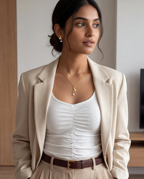 S-Curve Double Pearl Drop Pendant & Earring Set