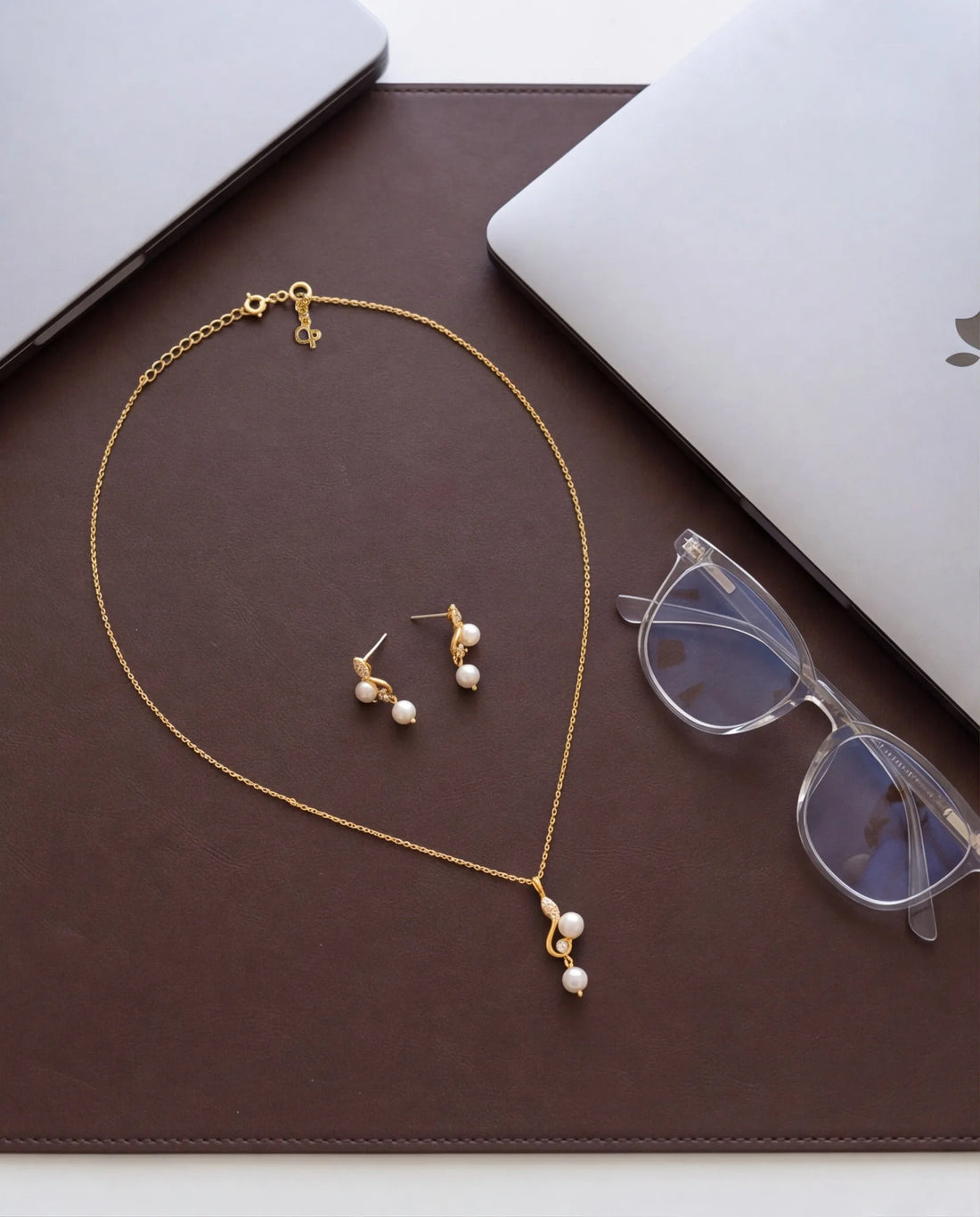 S-Curve Double Pearl Drop Pendant & Earring Set
