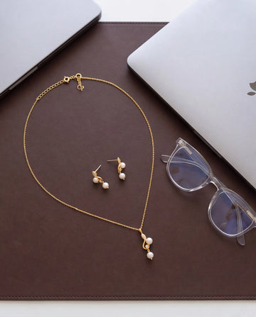 S-Curve Double Pearl Drop Pendant & Earring Set